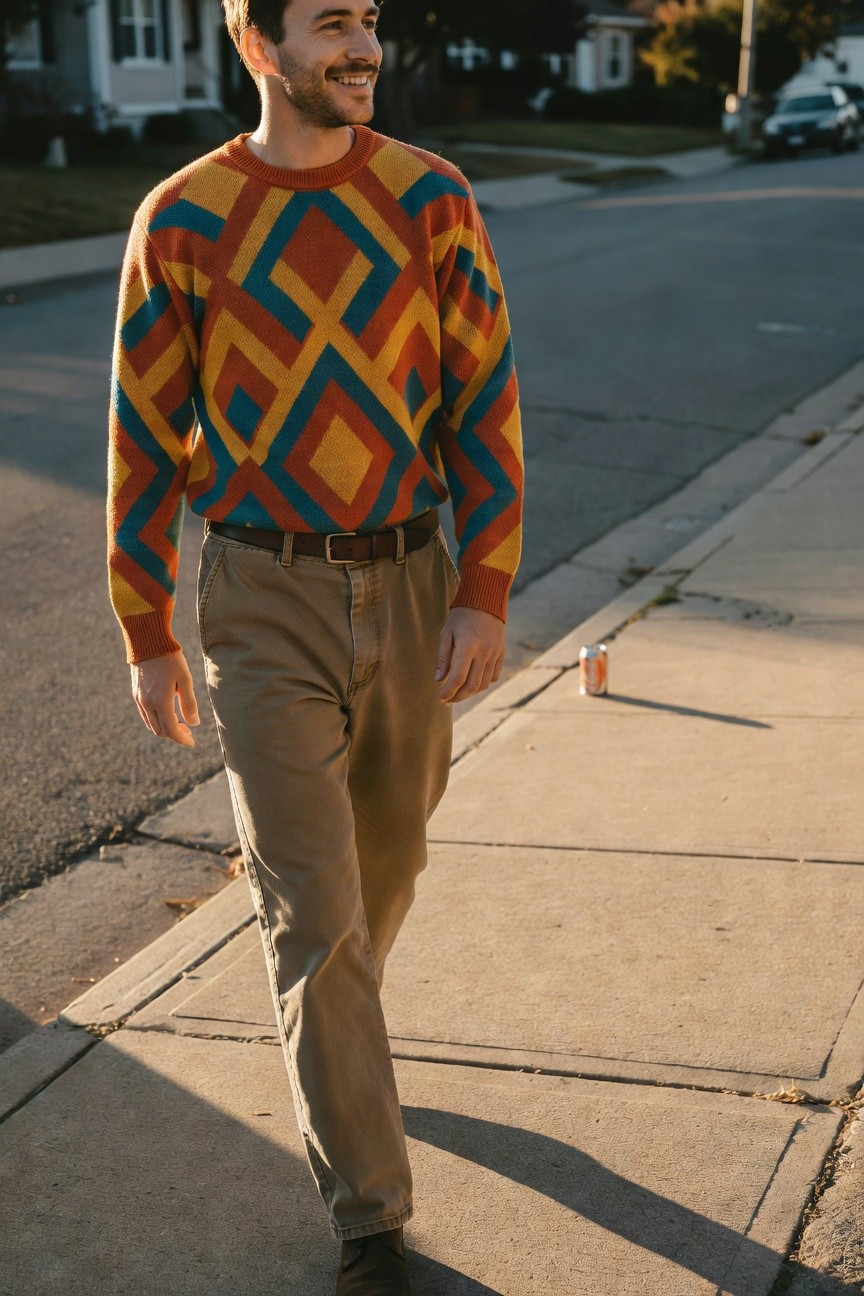 Man in colorful geometric knit sweater with yellow, orange, teal, and red diamond patterns over relaxed khaki chinos, brown belt and boots, smiling while walking on sidewalk