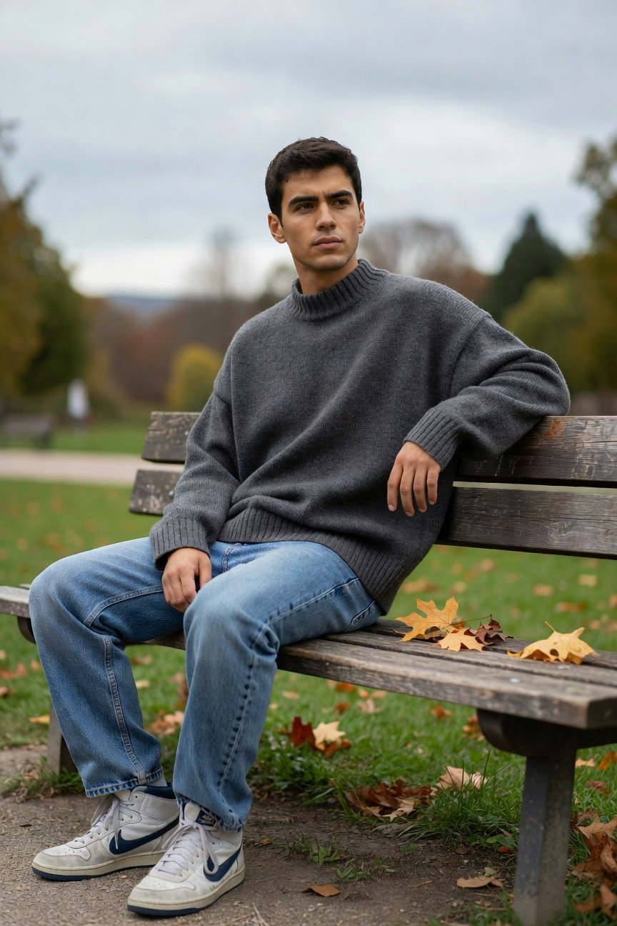 Young man with dark hair sitting sideways on a wooden park bench wearing an oversized gray turtleneck sweater, light blue baggy jeans, and white high-top Nike sneakers with blue swoosh, autumn leaves on ground nearby