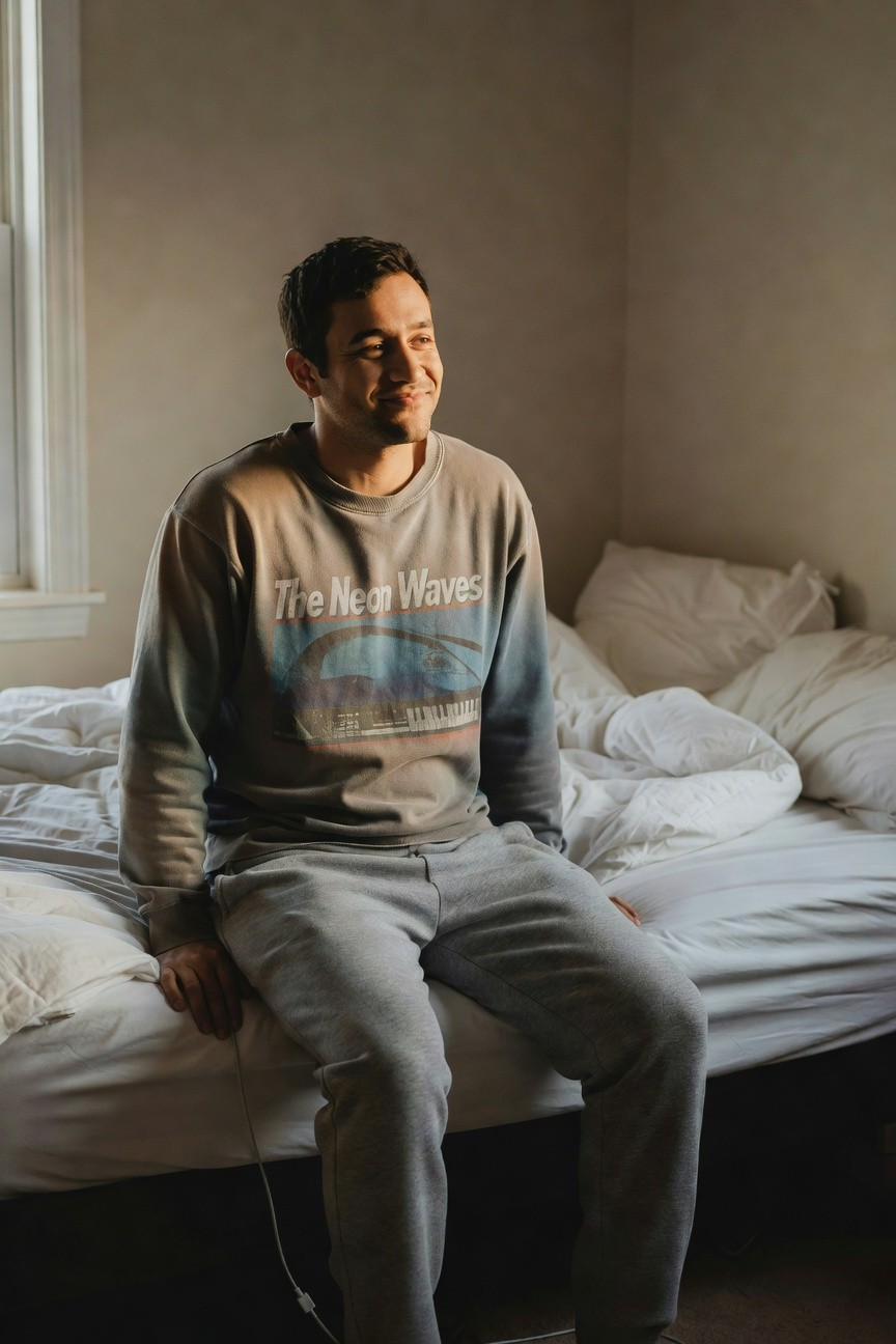 A man sits on a white bed wearing a gradient beige-to-pink 