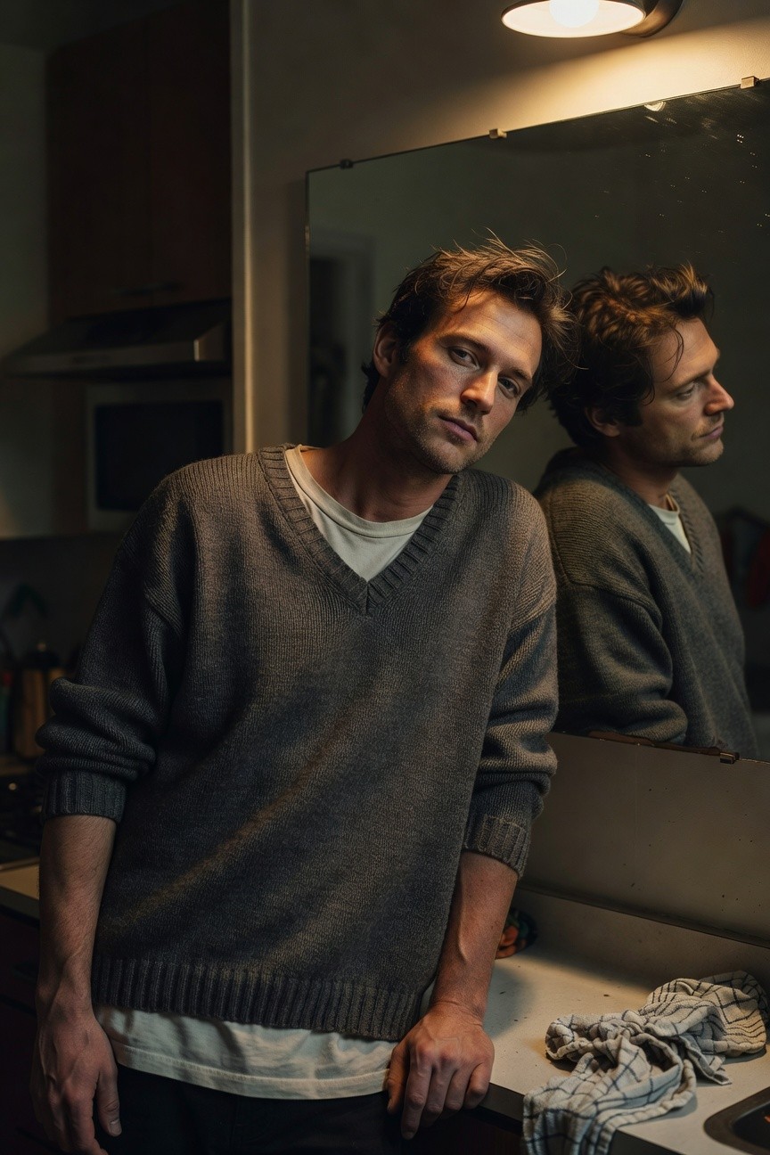 Man in gray v-neck sweater layered over white t-shirt and black pants, leaning on kitchen sink mirror in low light