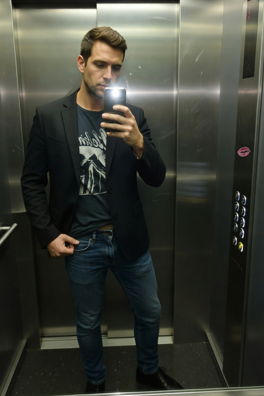 Man taking elevator selfie in black slim-fit blazer over dark graphic t-shirt with white mountain print, slim blue jeans, black leather shoes, hand in pocket, modern polished casual style