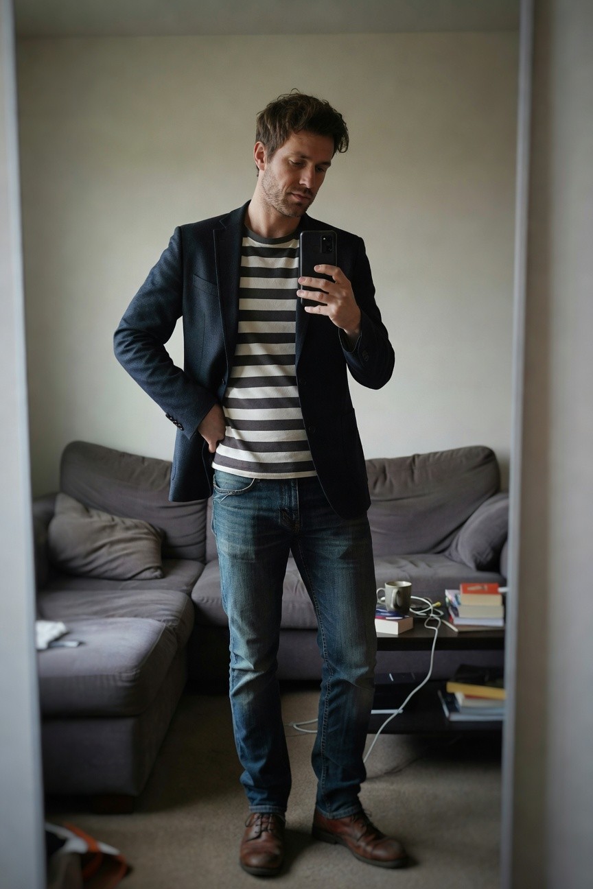 Man in navy blazer over black-and-white striped T-shirt, dark wash jeans, and brown leather boots, taking a mirror selfie in a modern living room with gray sofa and coffee table in background