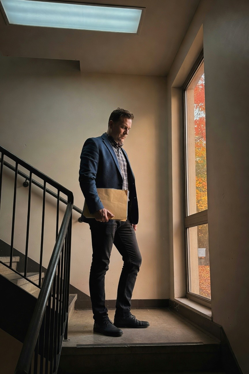 Man standing on stairs in navy textured blazer over blue plaid shirt, dark slim jeans, black lace-up shoes, holding tan folder under arm