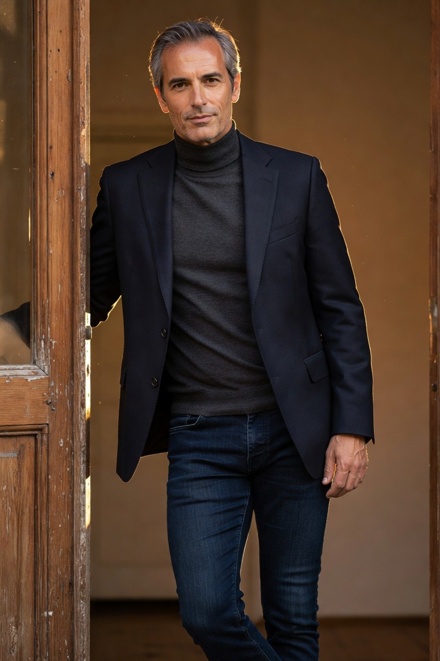 Silver-haired man wearing a navy blazer over dark gray turtleneck sweater and slim dark blue jeans, leaning casually with hand in pocket