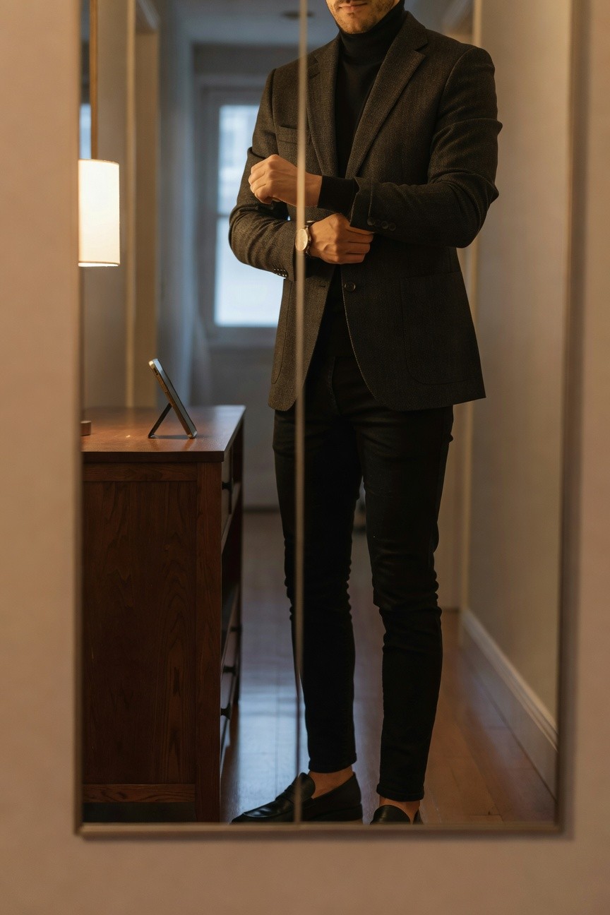 Man in textured charcoal gray blazer over black turtleneck, slim black jeans, and black loafers, adjusting watch while standing before a mirror in a hallway with wooden dresser and lamp nearby