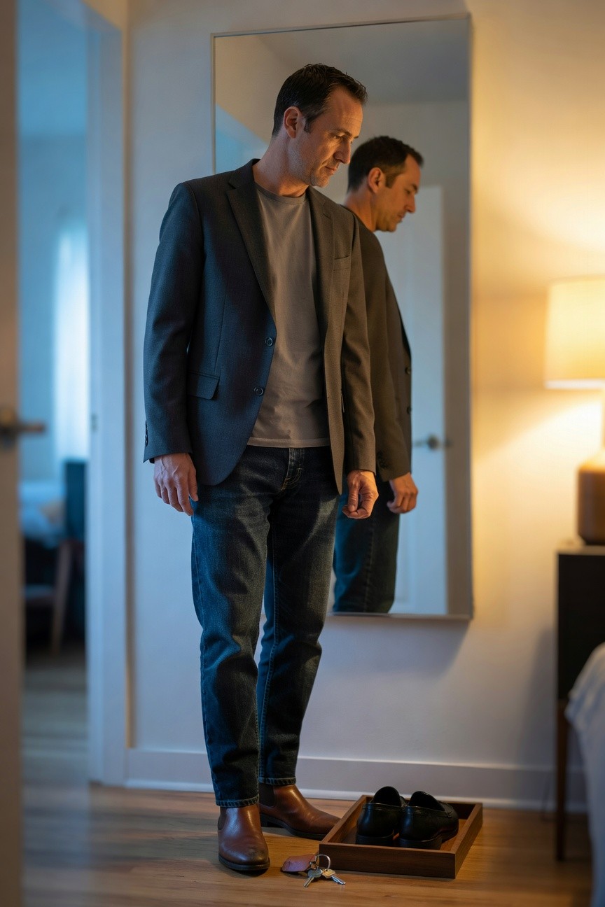 Man standing in front of a mirror wearing a charcoal gray blazer over a light gray t-shirt, dark blue jeans, and brown leather Chelsea boots, with black loafers and keys in a wooden tray on the hardwood floor nearby