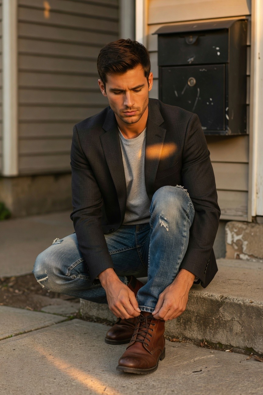 Man in dark blazer, gray t-shirt, ripped light blue jeans, and brown leather boots, squatting on concrete steps while tying his shoelace
