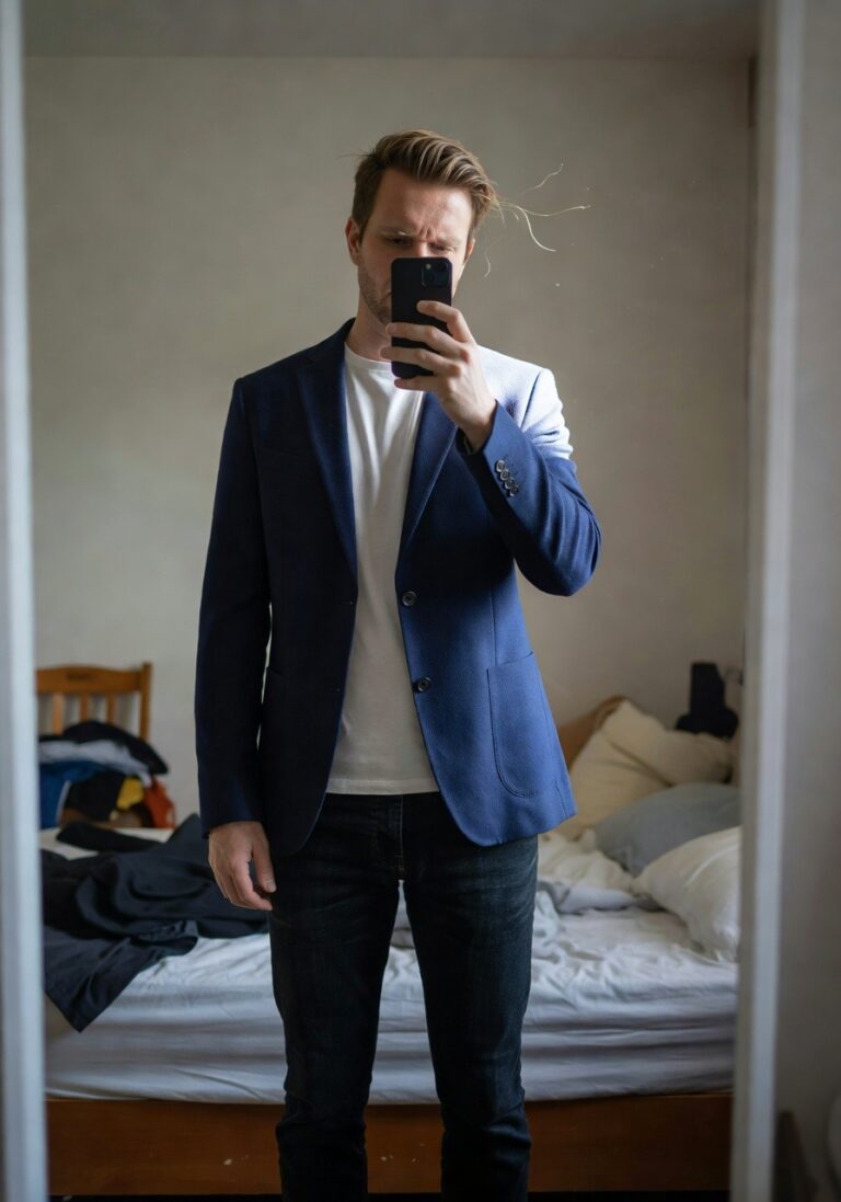 Man in navy blue blazer over white t-shirt and dark slim jeans, taking a mirror selfie in a simple bedroom setting