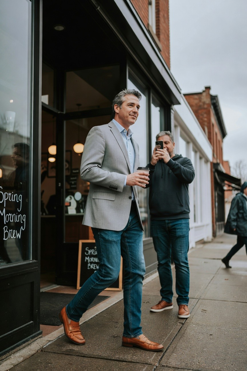 Man in light gray blazer, pale blue shirt, medium blue jeans, and brown loafers walking outside a coffee shop, holding a to-go cup while smiling at camera