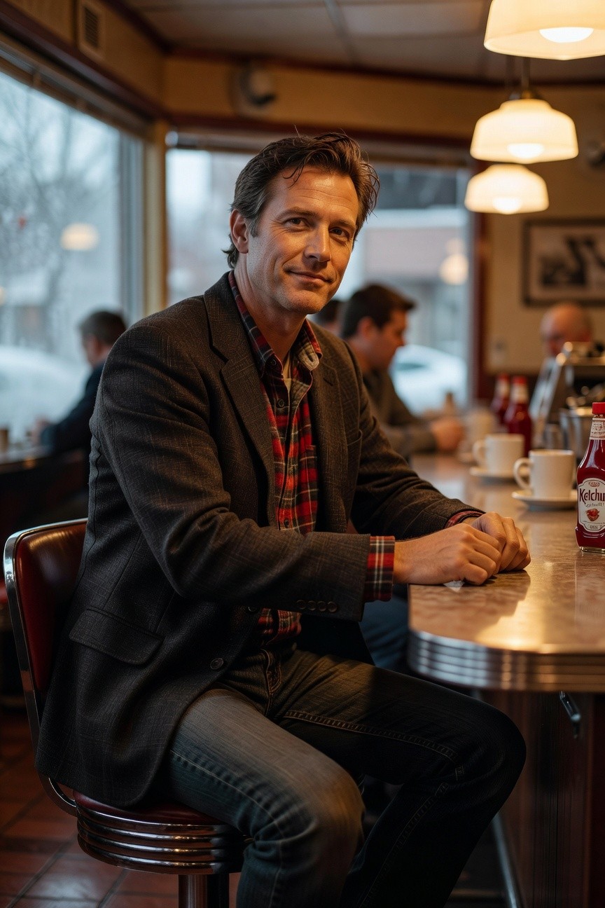 Man in his 40s seated at a diner counter wearing a dark gray tweed blazer over a red plaid flannel shirt tucked into slim dark jeans, hands clasped on the chrome-edged table next to a ketchup bottle