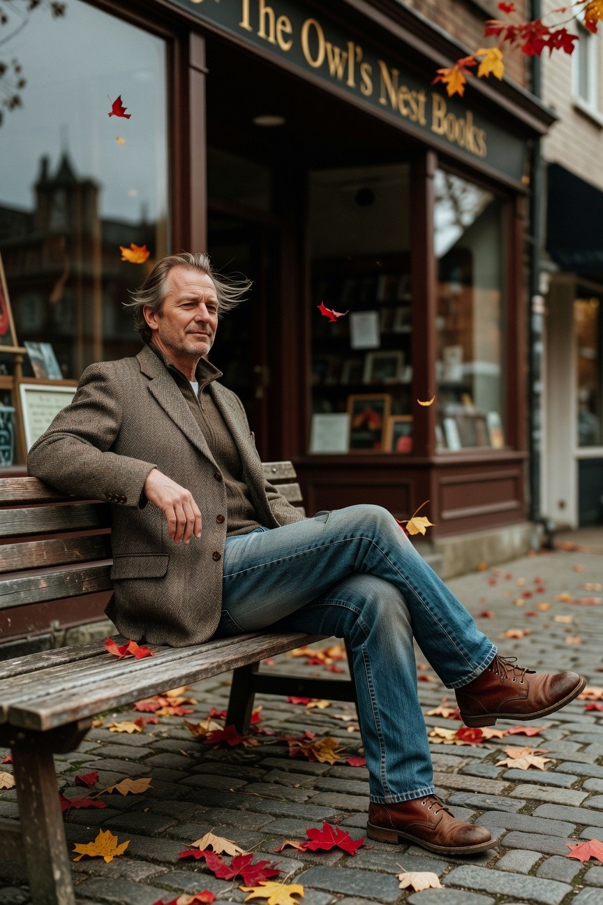 Man in herringbone tweed blazer over zip-neck sweater, faded blue straight-leg jeans, and brown leather boots, seated casually on wooden bench