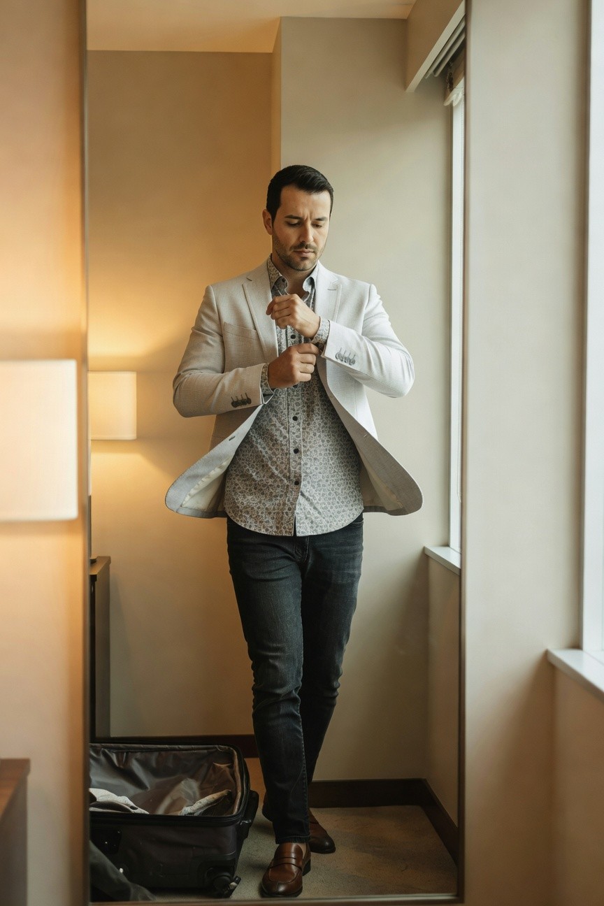 Man in a light cream blazer over patterned shirt, slim dark jeans, and brown loafers, adjusting his cuff in a modern hotel room with suitcase nearby