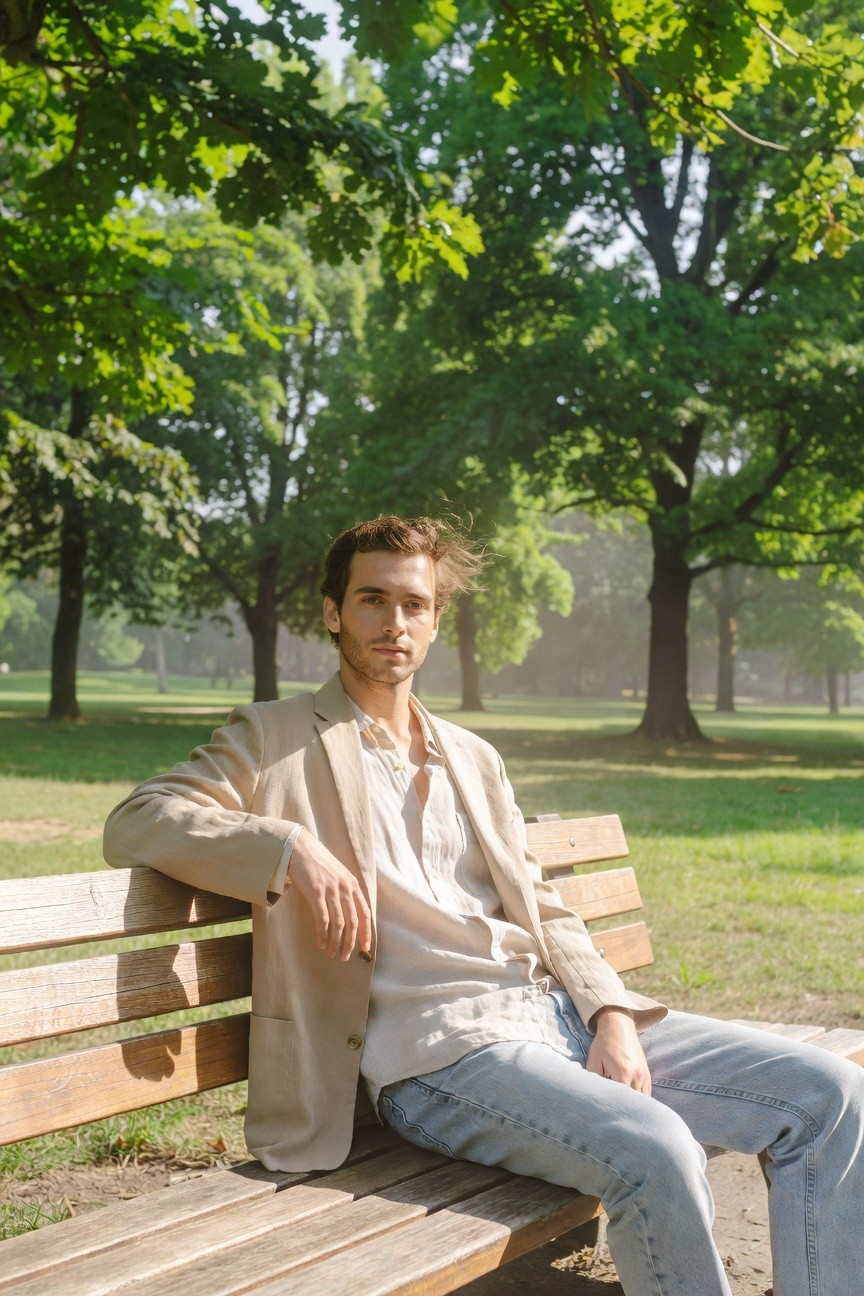 Man seated casually on wooden bench wearing open beige linen blazer over loose white shirt and light blue relaxed straight-leg jeans in green park setting