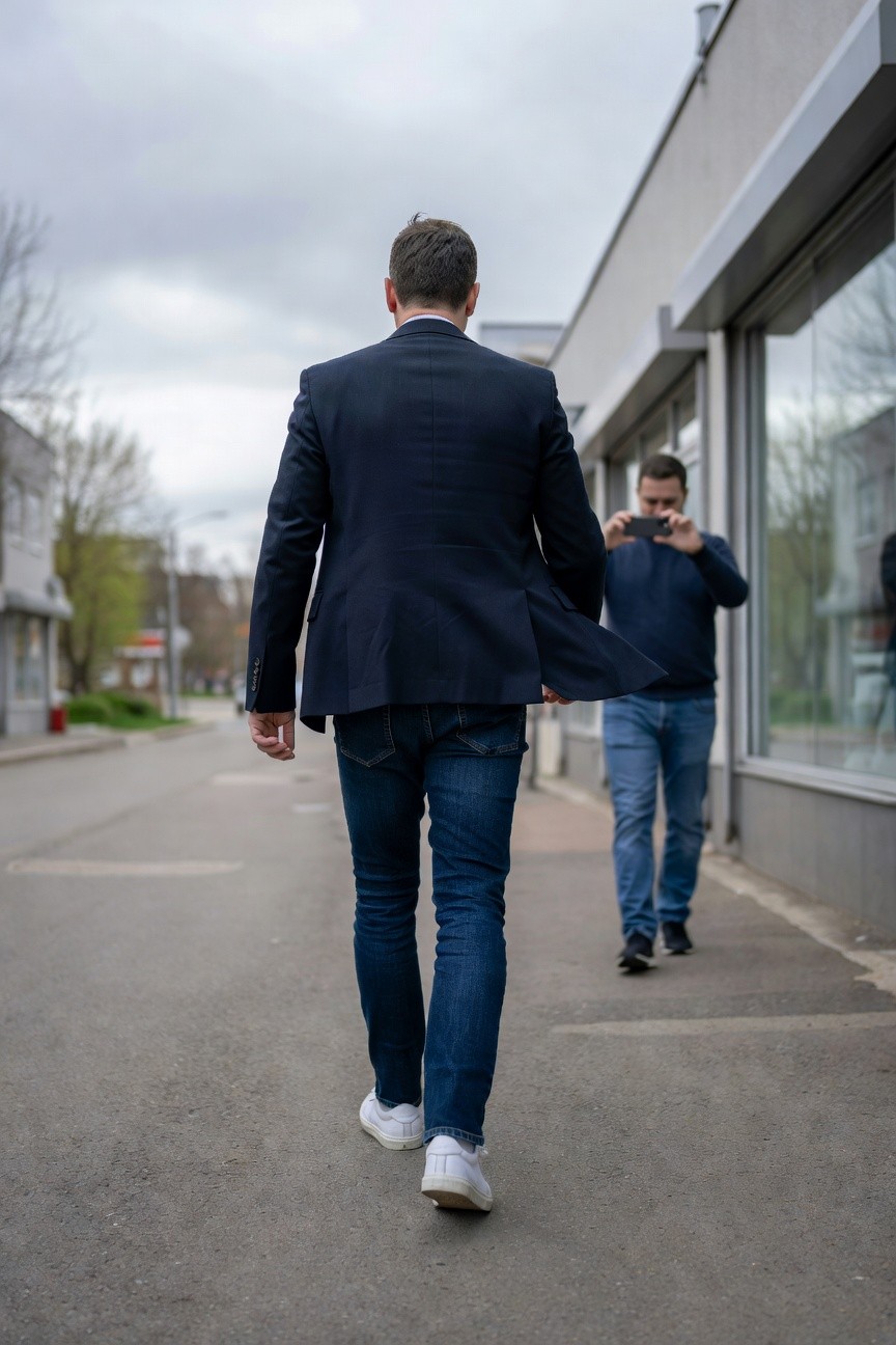 Rear view of a man walking in a dark navy blazer over blue straight-leg jeans and white sneakers, with the blazer's side flapping open and a reflection of a photographer in a storefront window