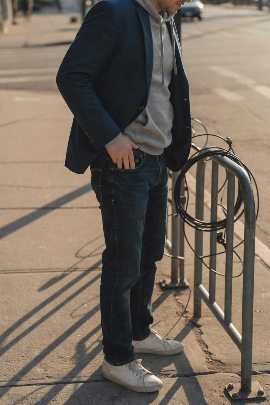 Man in open navy blazer over gray hoodie, dark slim jeans, white sneakers, hands in pockets leaning near metal railing with coiled black cable lock