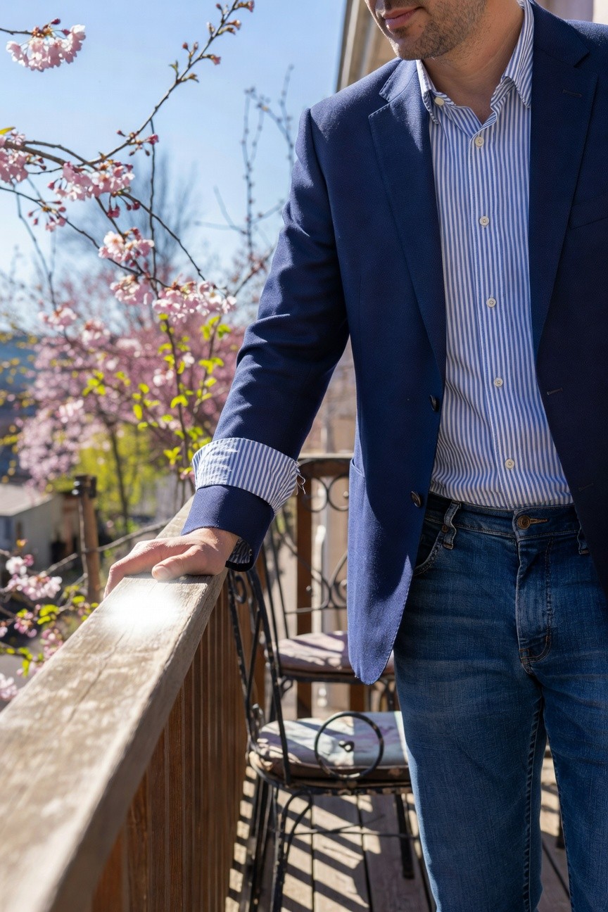 Man in navy blue blazer over light blue and white striped button-up shirt with matching striped cuffs, paired with slim dark blue jeans, leaning on a wooden balcony railing with hand visible