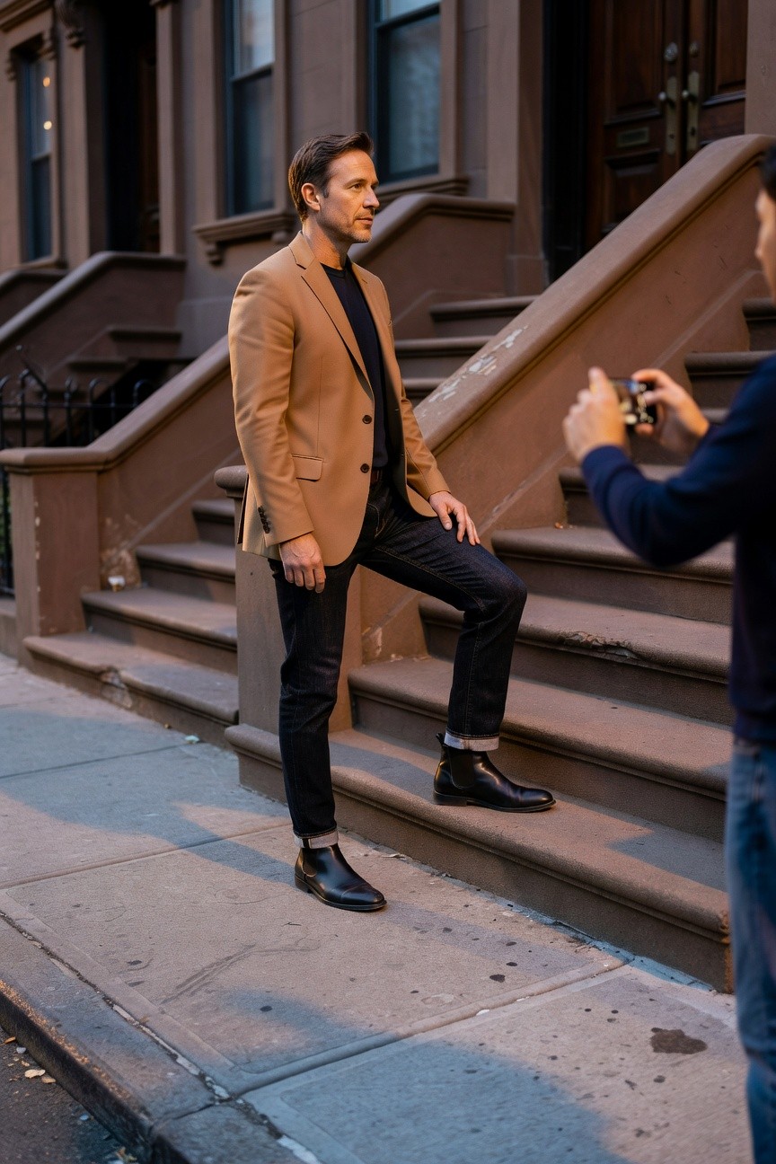 Man in open camel blazer over black top, slim dark jeans cuffed over black chelsea boots, posing confidently on stone steps with hand in pocket while a photographer captures the shot