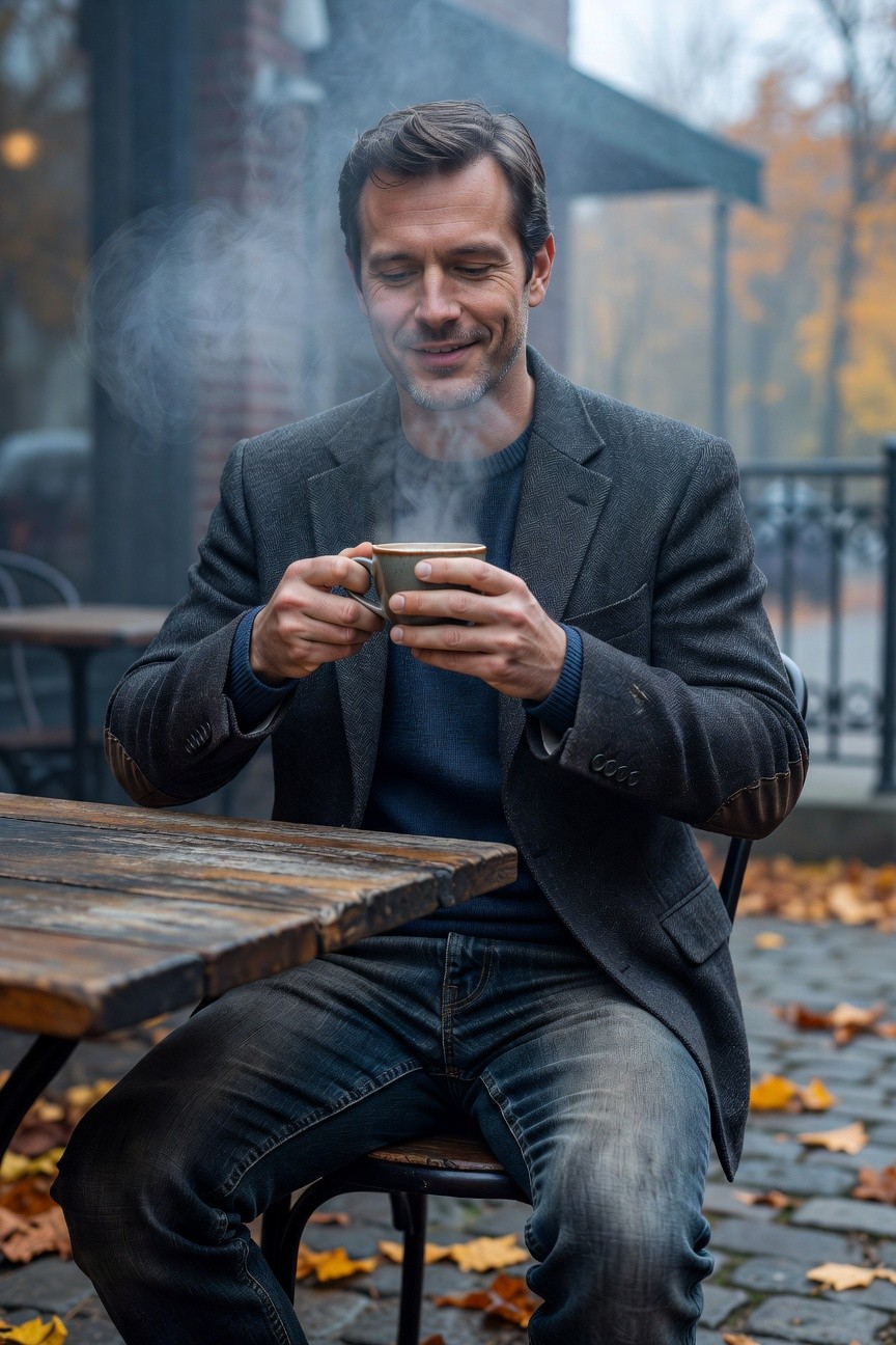 Man in gray tweed blazer with leather elbow patches over blue knit sweater and dark blue jeans, seated outdoors holding a coffee mug