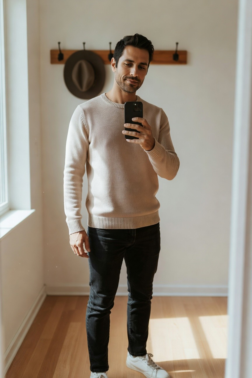 Handsome man with dark hair and beard posing in mirror selfie wearing a light beige crewneck knit sweater, slim black jeans, and white sneakers, standing in a minimalist hallway with wooden hat rack