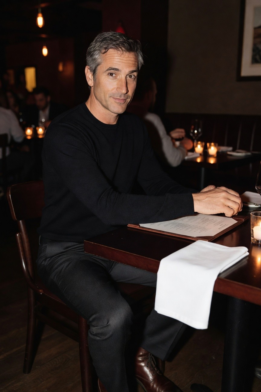 Man in black knit sweater, black slim trousers, and dark brown leather boots, seated at a wooden restaurant table with a menu and napkin