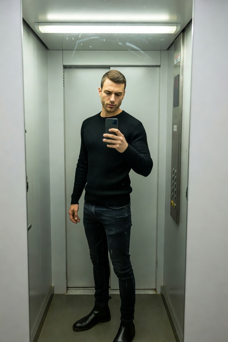 Man in black ribbed turtleneck sweater, dark distressed slim jeans, black Chelsea boots, taking mirror selfie in elevator