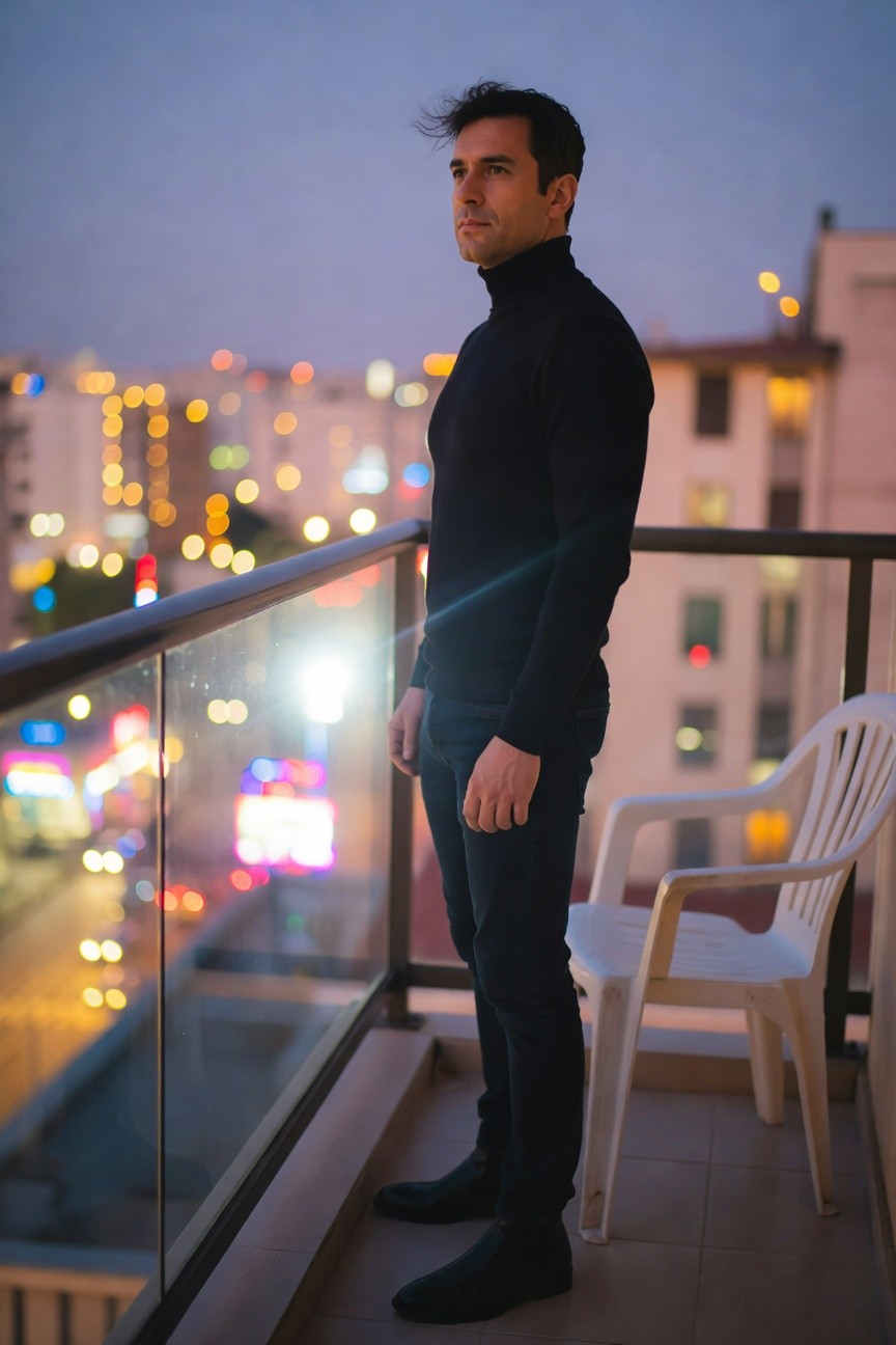 Man in black turtleneck sweater, slim black pants, and black dress shoes standing profile view on balcony next to white plastic chair with blurred city lights at dusk