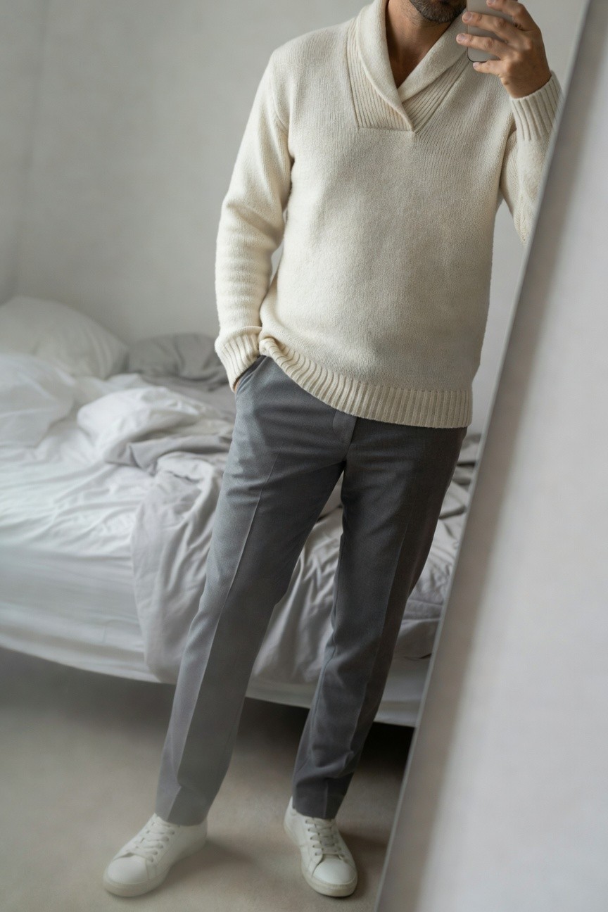 Man in a light cream shawl collar knit sweater, medium gray tailored trousers, and white sneakers, posing casually in front of a mirror with hands in pockets