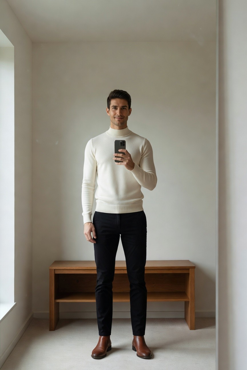 Handsome man in a cream turtleneck sweater, slim black trousers, and brown chelsea boots, posing confidently in a minimalist white room with wooden bench