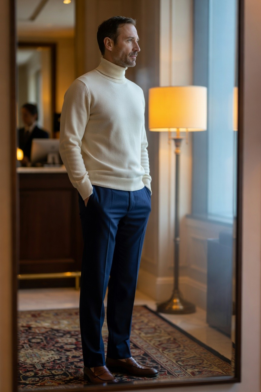 Side profile of a man in a cream turtleneck sweater, navy trousers, and brown loafers, standing in front of a mirror in a luxurious hotel interior with warm lamp light.