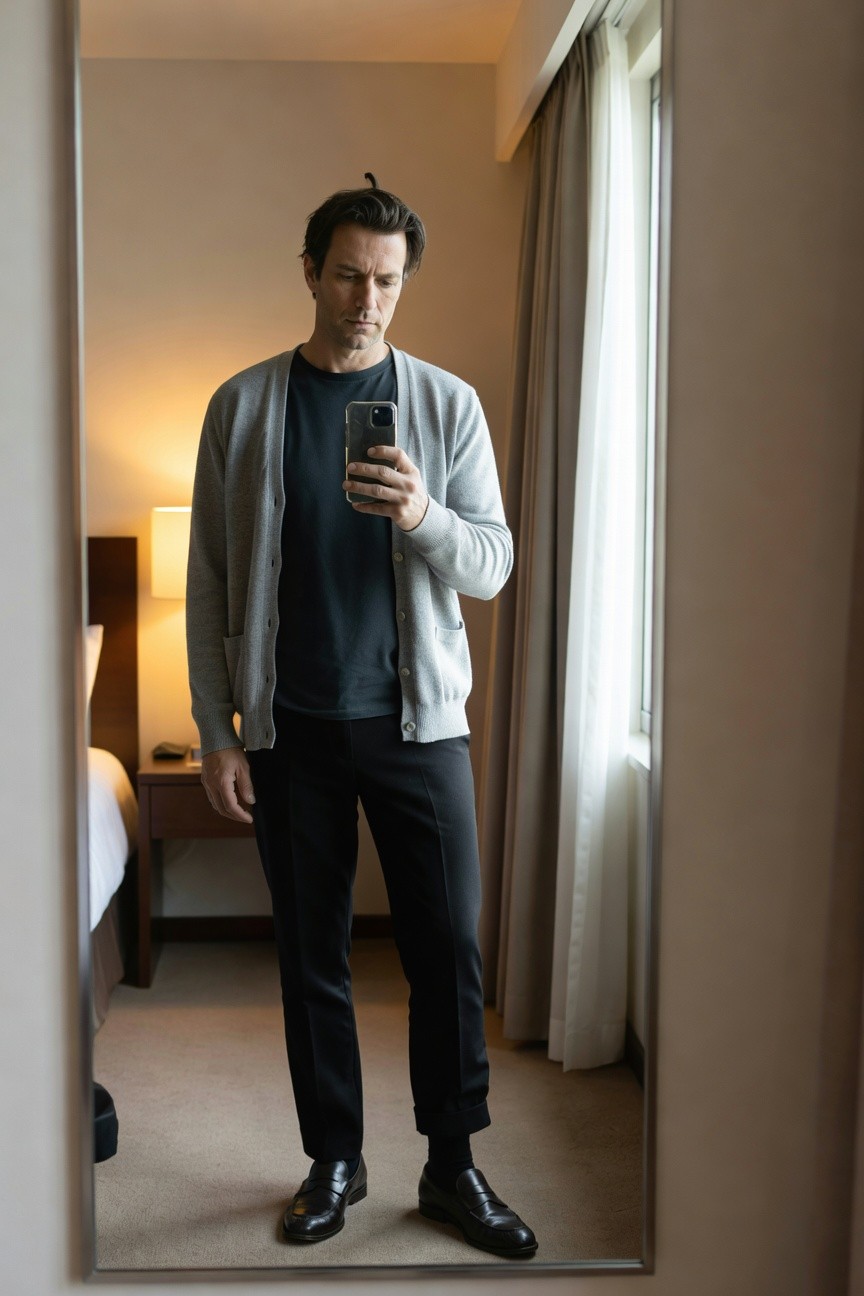 Man taking mirror selfie in hotel room wearing open light gray cardigan over black t-shirt, slim black trousers cuffed at ankles, and black leather loafers, neutral background with bed and lamp visible