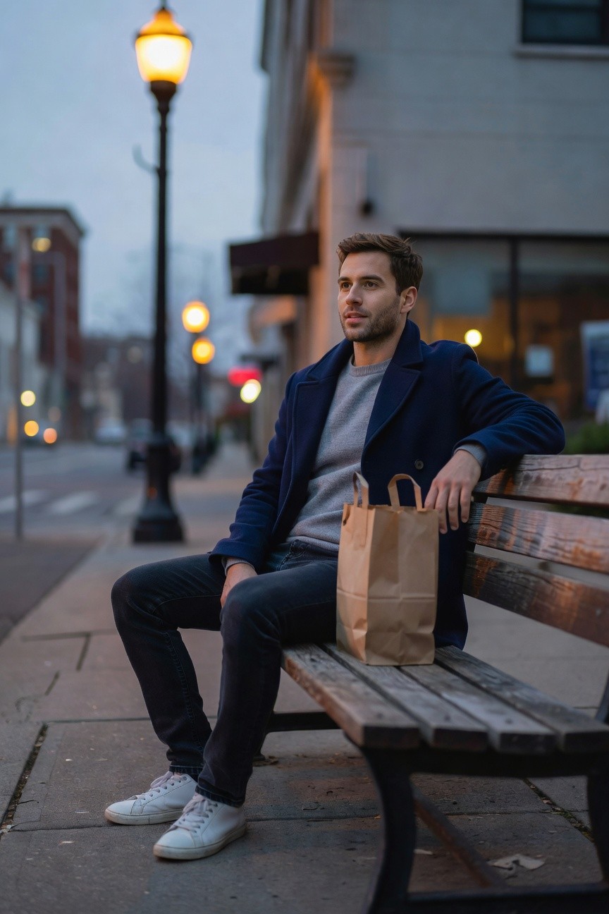 Handsome man in his late 20s sitting on a wooden bench, wearing a navy wool overcoat over a gray crewneck sweater, slim black jeans, white sneakers, holding a brown paper shopping bag, thoughtful expression in urban evening light