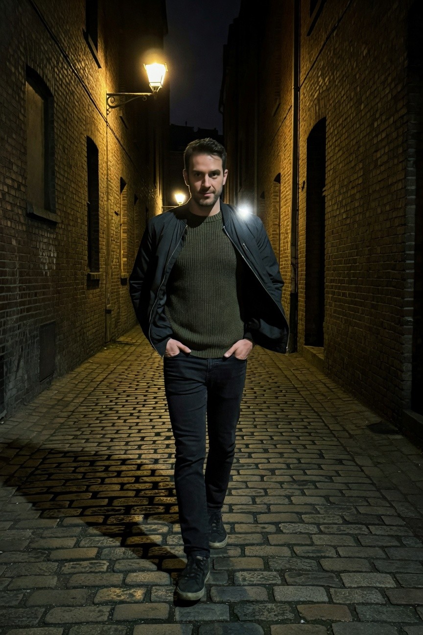 Man in olive green knit sweater under open black bomber jacket, dark slim jeans, and black sneakers, hands in pockets, standing in narrow brick alley at night under lantern light
