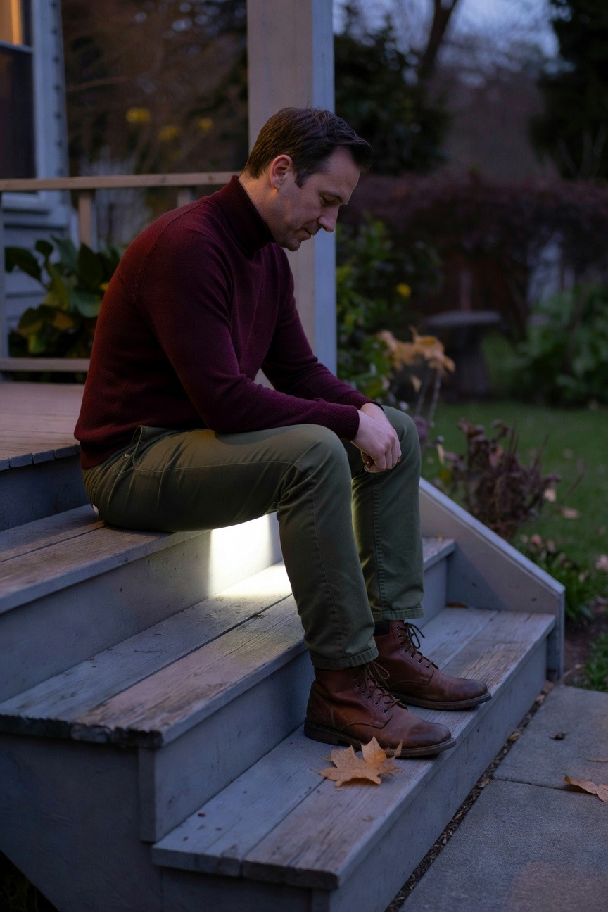 Man wearing fitted maroon turtleneck sweater, slim olive green pants, and brown leather boots while seated on steps