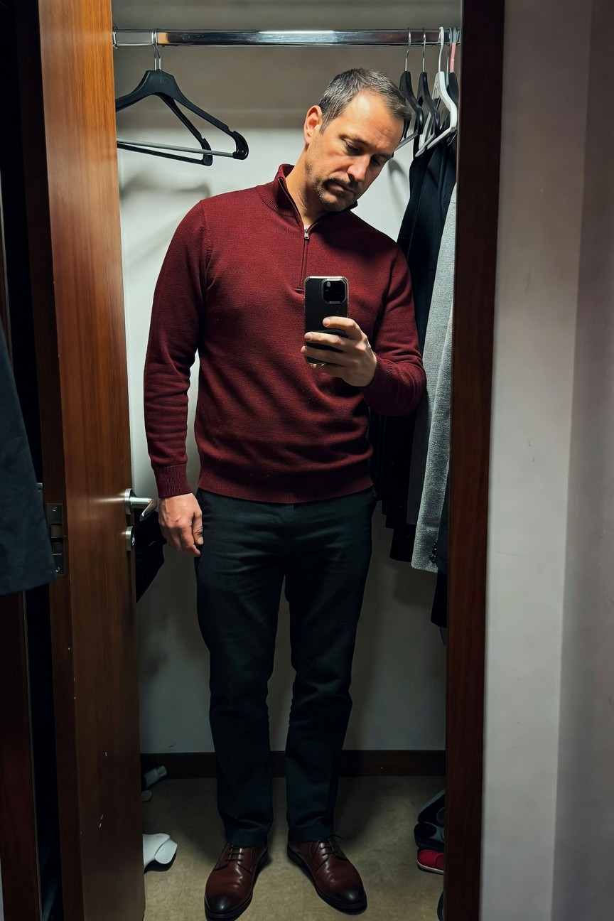 Man in open wooden closet taking selfie, dressed in maroon zip-up sweater, slim dark trousers, and brown leather oxfords, clothes hanging on both sides