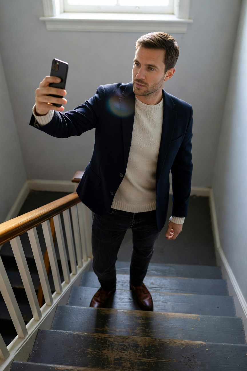 Man taking a selfie on wooden stairs, wearing navy blazer over cream knit sweater, dark slim pants, and brown leather loafers, casual refined style