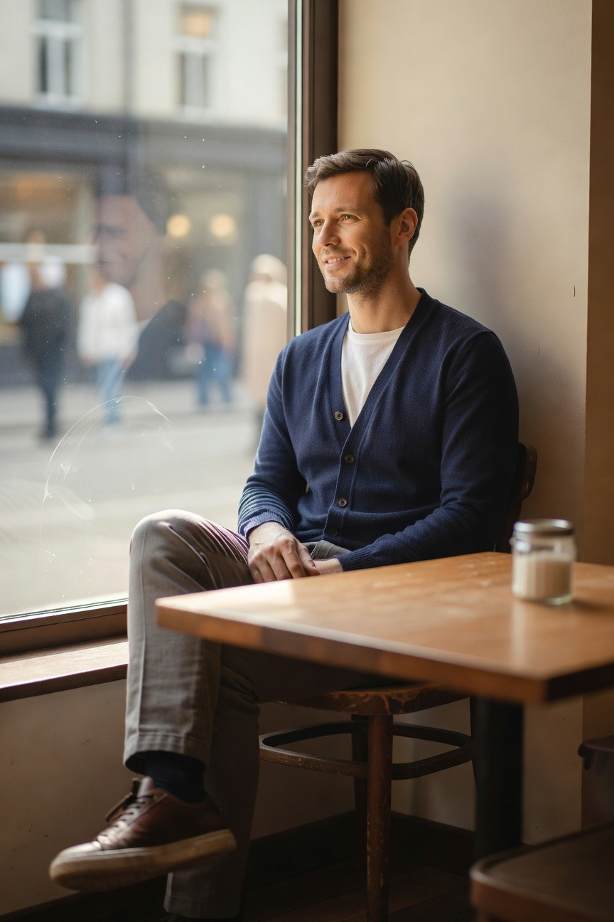 Man in navy blue open cardigan over white t-shirt, gray pleated trousers, and brown leather sneakers, sitting casually by a window table