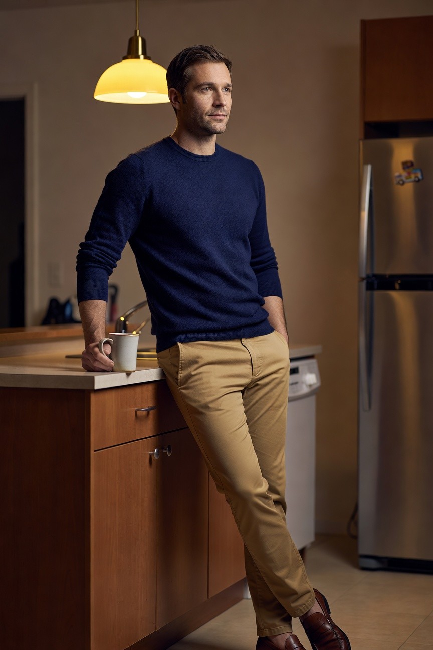 Man leaning on kitchen counter in navy crewneck sweater, khaki chinos, brown loafers, holding white mug, casual evening style