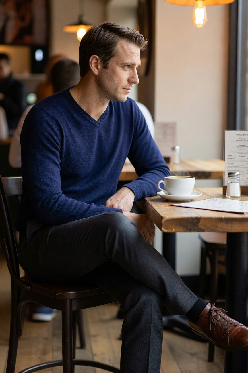 Man sitting at wooden cafe table in navy blue V-neck sweater, gray wool trousers, brown leather shoes, holding coffee cup, side profile view