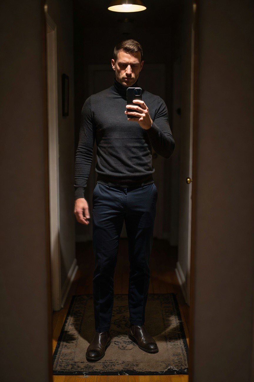 Man in dark gray turtleneck sweater, navy chinos, and brown Chelsea boots posing in a dimly lit hallway mirror selfie