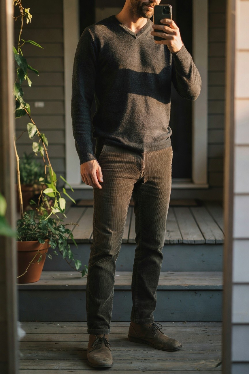 Man in gray v-neck sweater, brown corduroy trousers, and brown suede boots, taking a mirror selfie on a porch, refined casual outfit for evenings