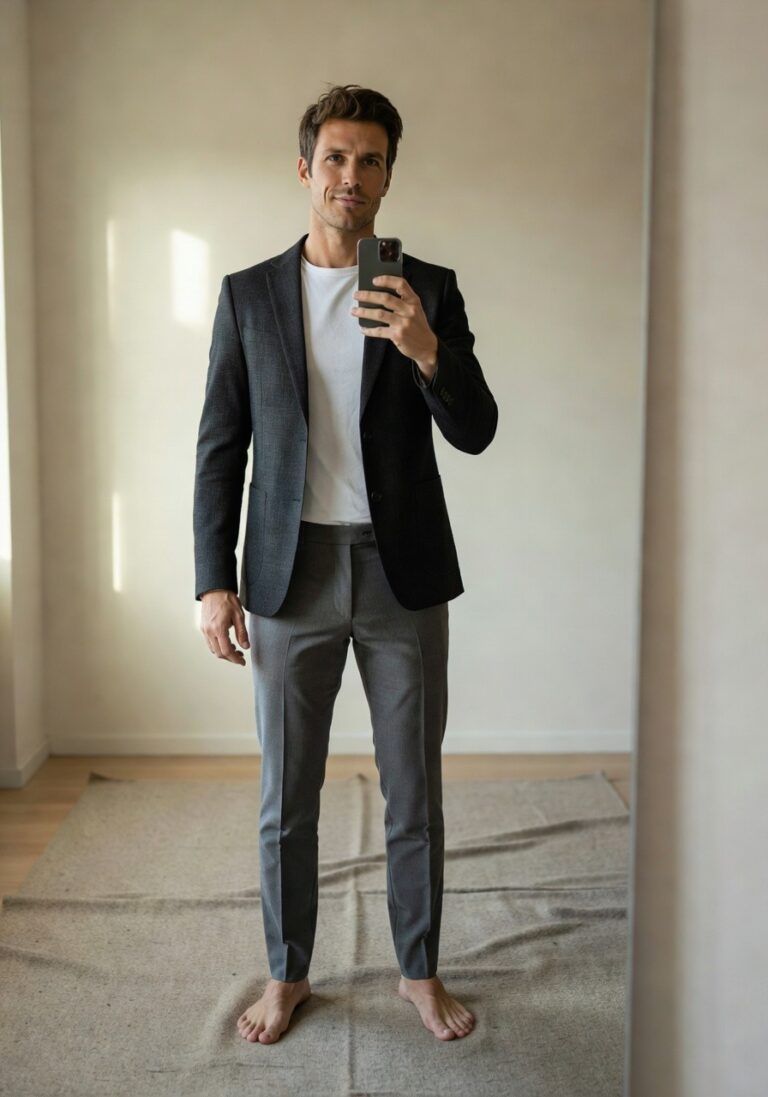 Man taking mirror selfie in slim navy blazer over white t-shirt tucked into light grey slim trousers, standing barefoot on beige rug in minimalist room