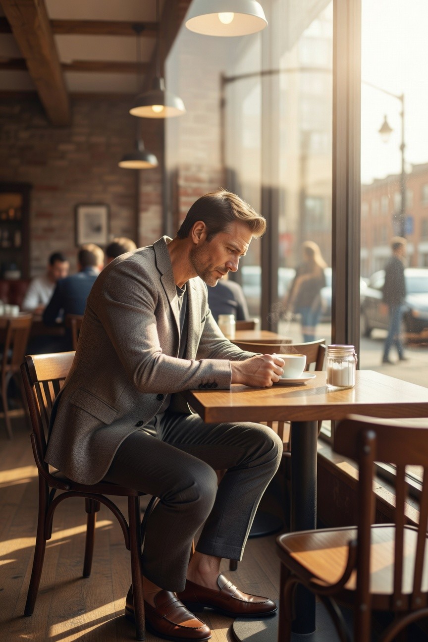 Handsome man in light grey textured blazer, white crewneck tee, slim grey trousers, and brown leather loafers, seated at wooden cafe table holding coffee cup