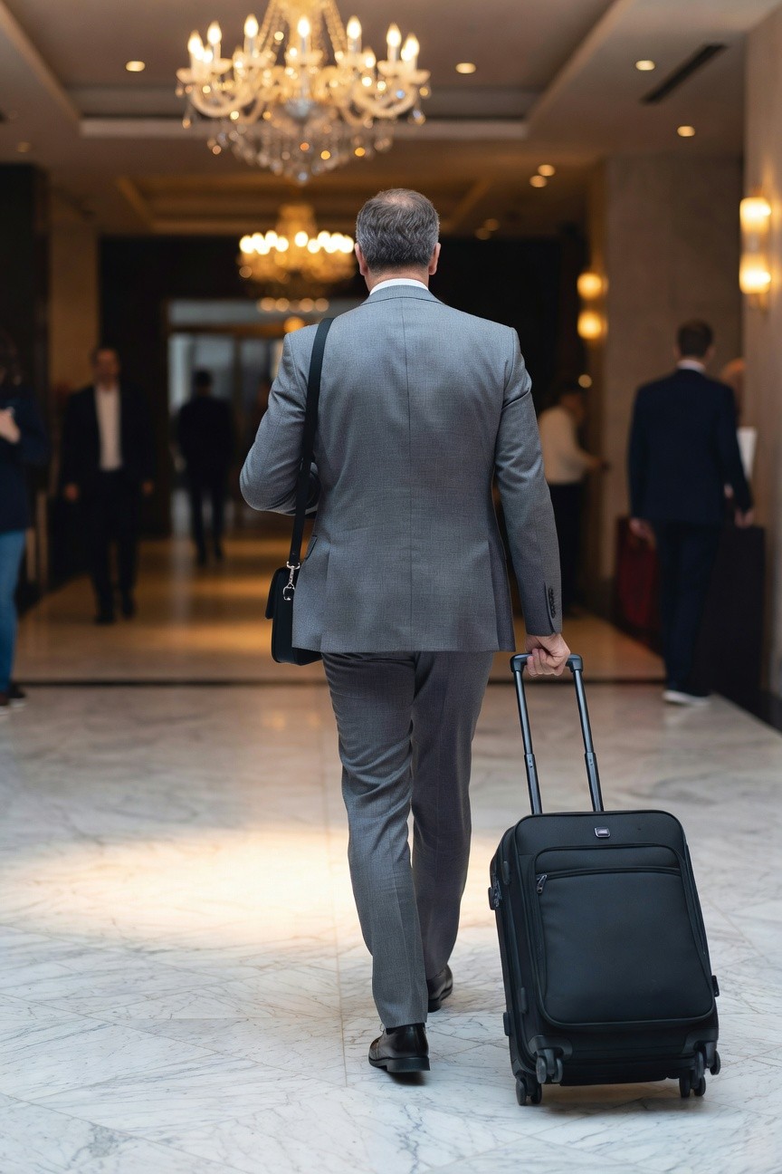 Back view of a man in a grey blazer and matching trousers walking through a hotel lobby pulling a black roller suitcase with a black shoulder bag, business travel attire.