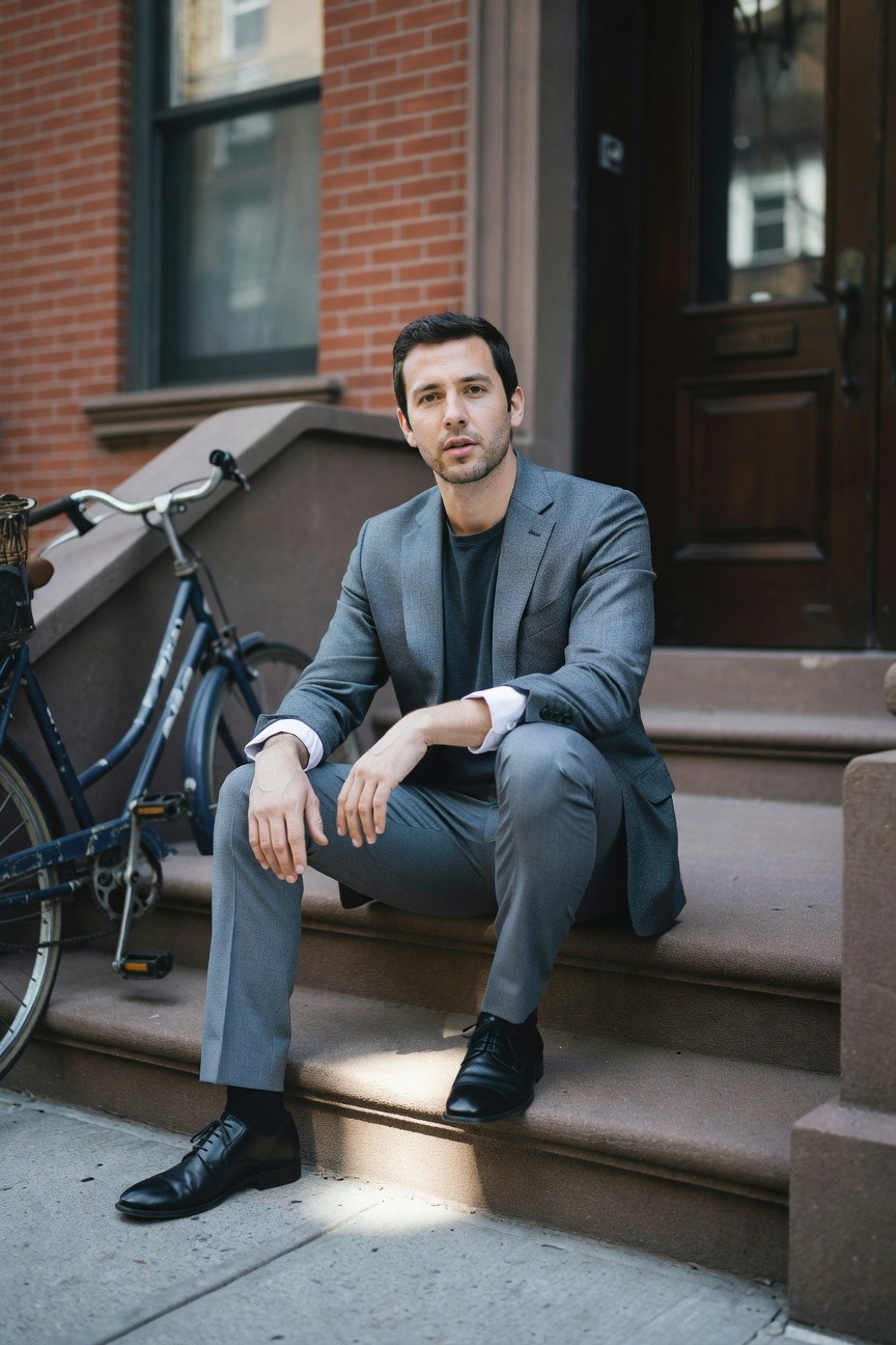 Man in slim charcoal grey blazer and matching pants over black crewneck tee, sitting on steps with hands clasped, black oxfords, next to blue bike on brownstone stoop
