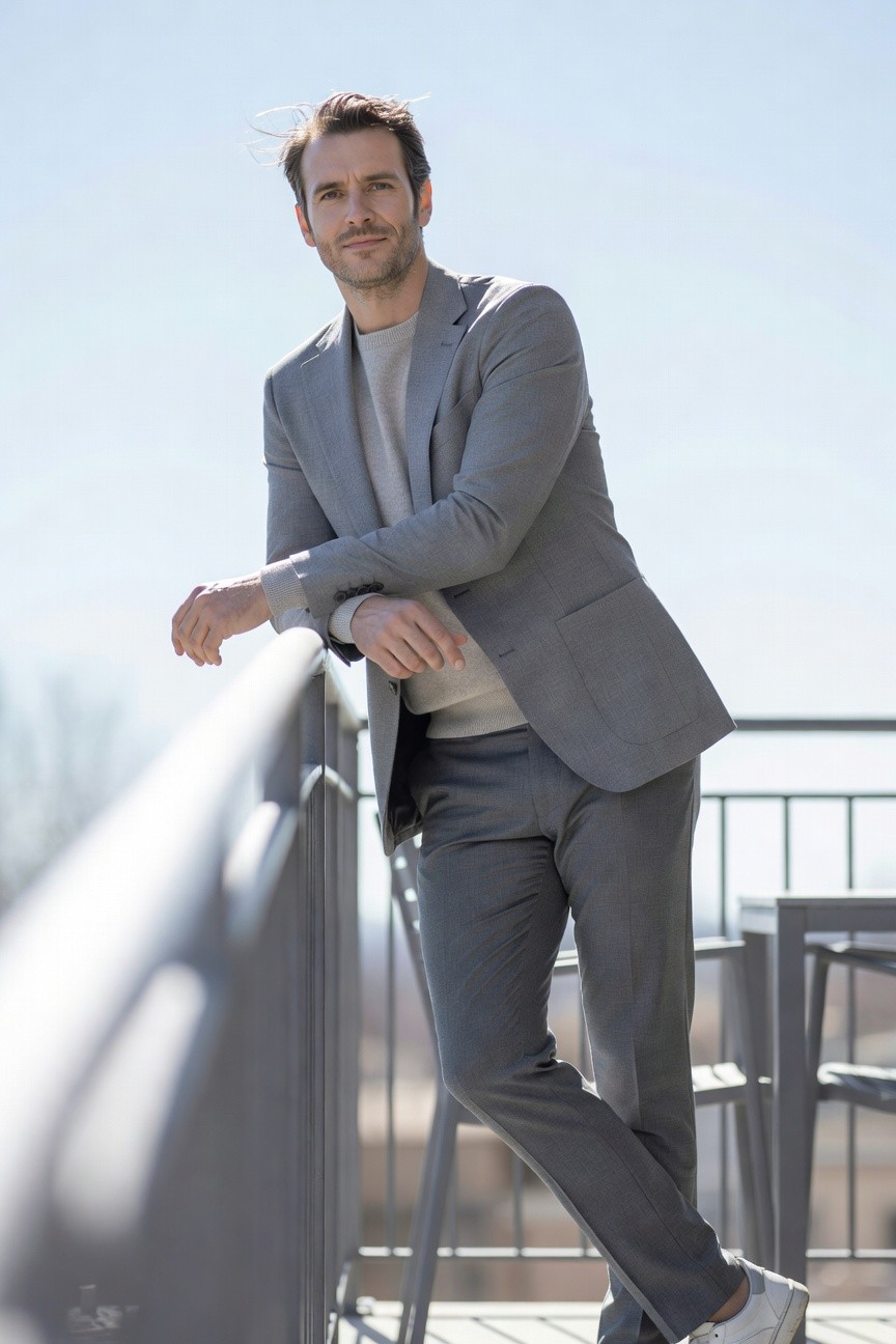 Handsome man in light grey blazer over cream sweater and matching slim trousers with white sneakers, leaning casually on metal railing