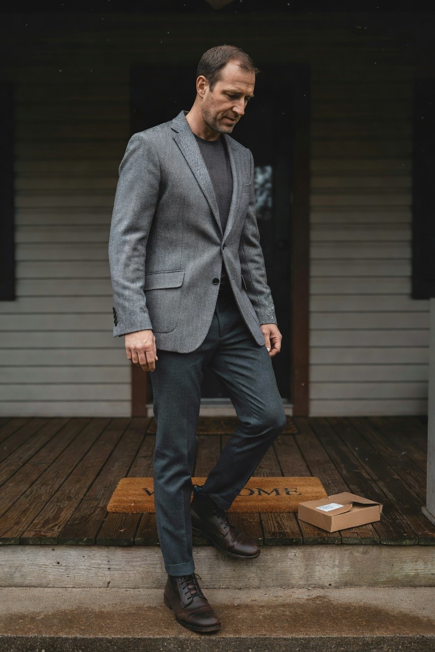 Man in textured light grey blazer over black crewneck shirt, slim darker grey trousers cuffed at ankles, brown leather boots, standing on porch steps next to a small brown cardboard box