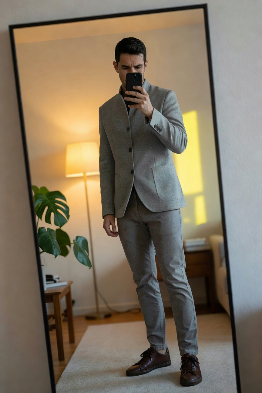 Man in light grey slim-fit blazer and matching tapered pants stands in front of mirror holding phone for selfie, brown leather sneakers, casual indoor setting with lamp and plant