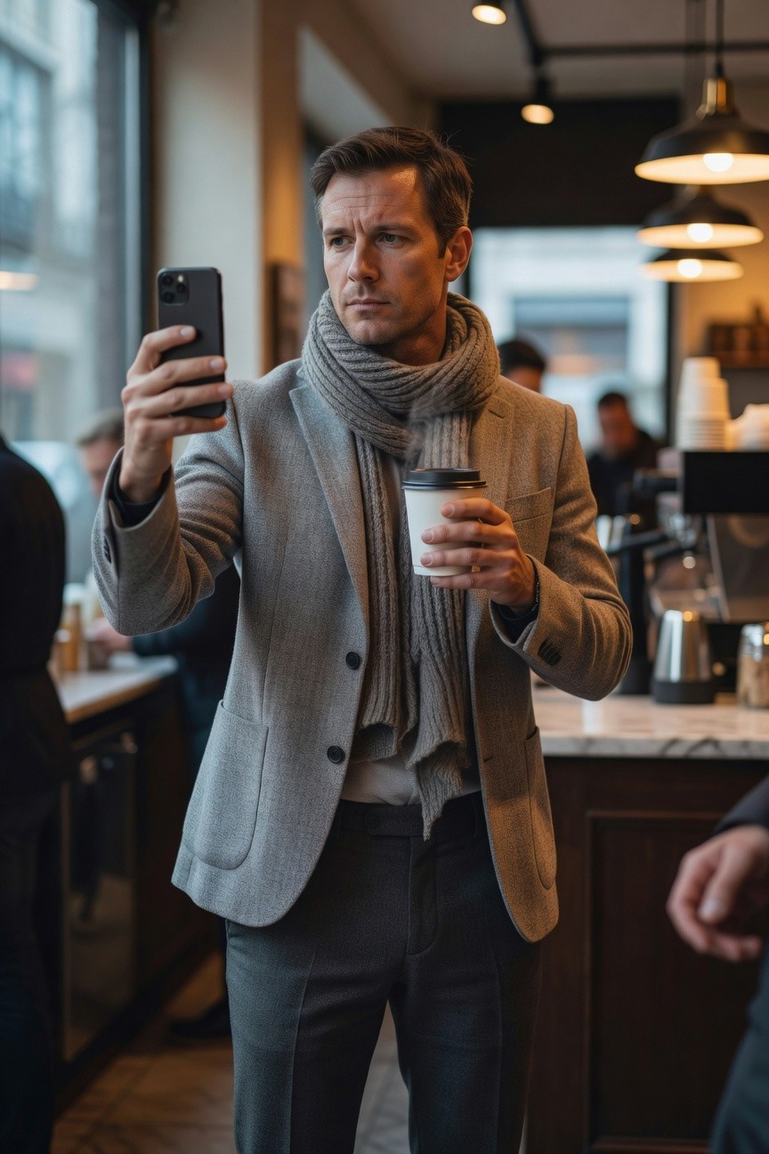 Man in textured grey blazer, matching grey pants, and grey wool scarf, holding a to-go coffee cup and smartphone selfie-style in a coffee shop