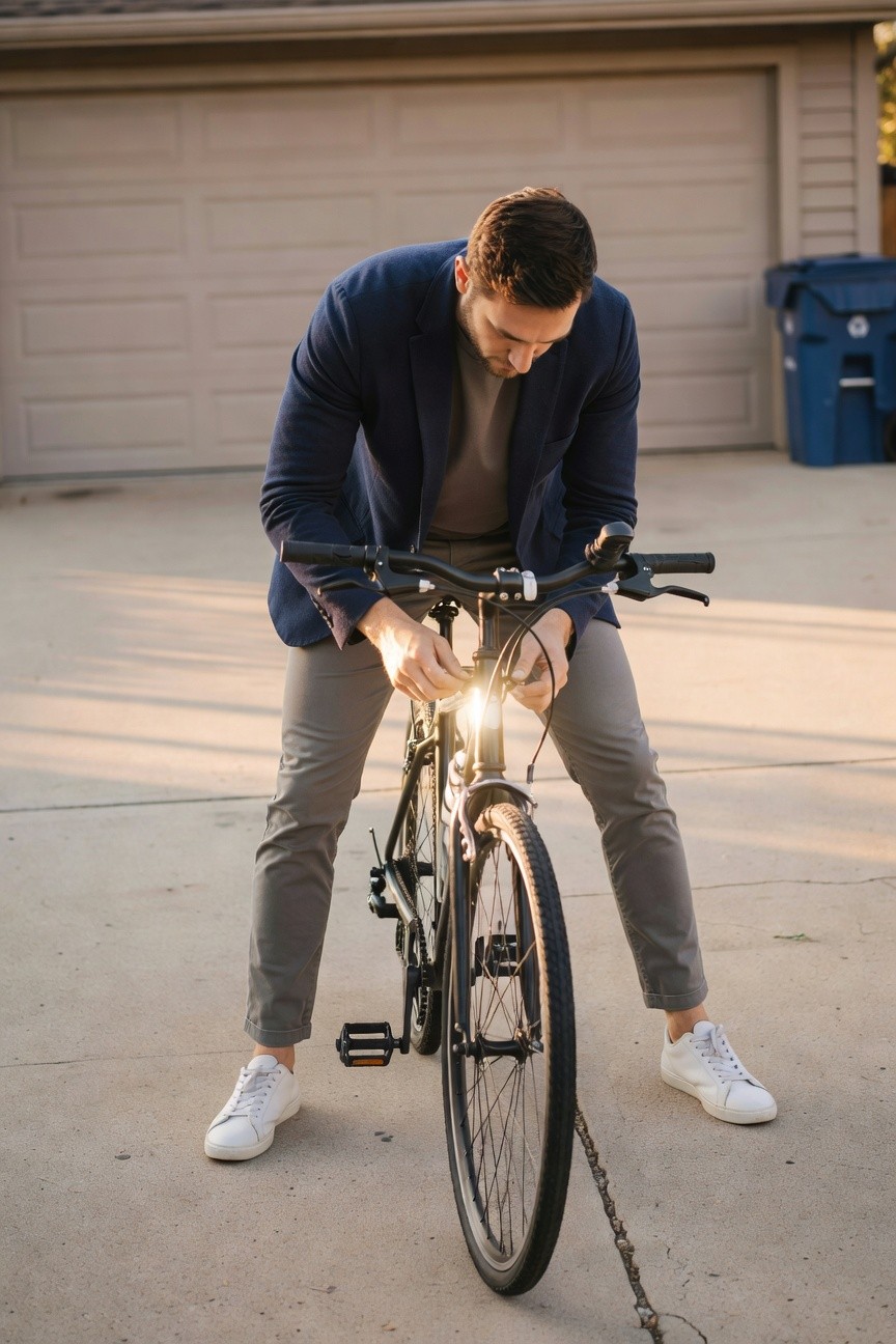 Man crouching by a bicycle in a navy blazer, light grey slim pants cuffed at ankles, grey crewneck shirt, and white leather sneakers, adjusting the bike headlight on a concrete driveway