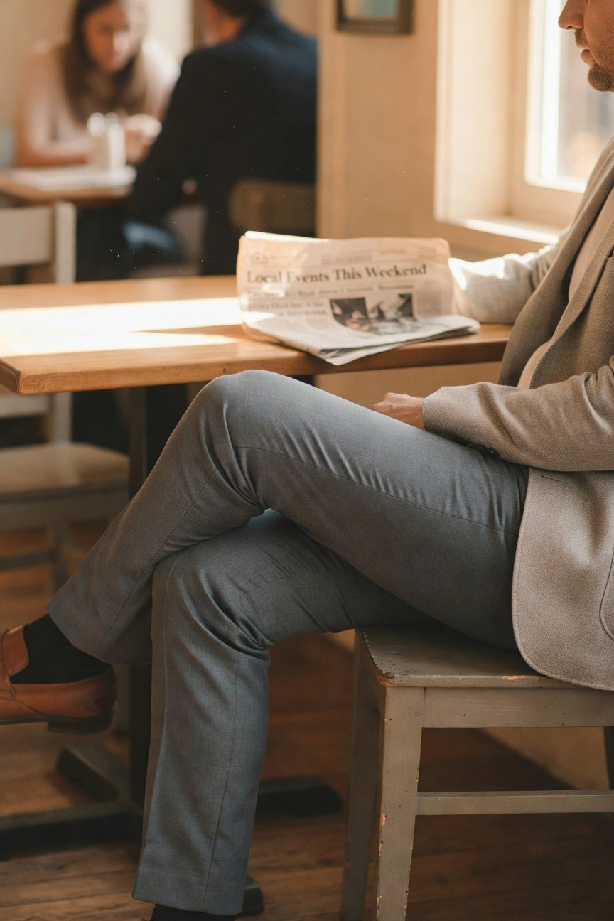 Man seated at wooden cafe table wearing light grey blazer over darker grey slim pants, brown loafers, black socks, holding newspaper, blurred background couple